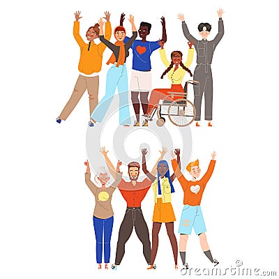 Happy and Rejoicing Group of People Characters Cheering Raising Hands Up Vector Set Vector Illustration