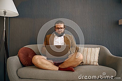 Happy relaxed businessman freelancer take coffee break Stock Photo