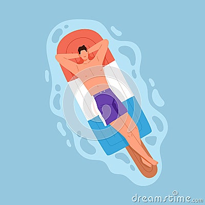 Happy relaxed man floating in pool water, lying on inflatable mattress. Person enjoying sunbathing on rubber icecream on Vector Illustration