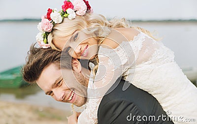 Happy relaxed marriage couple hugging Stock Photo