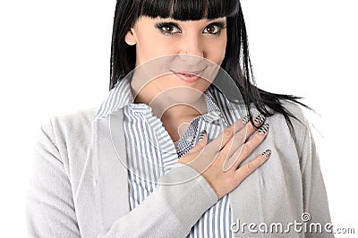 Happy Relaxed Woman Smiling with Hand on Chest Stock Photo