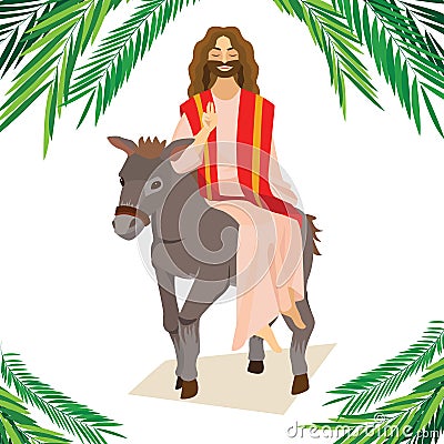 Happy religion holiday palm sunday before easter, celebration of the entrance of Jesus into Jerusalem, palmtree leaves Vector Illustration