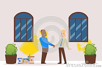 Happy repair stuff conclude contract with client about work, vector illustration. Men standing near plain wall house Vector Illustration