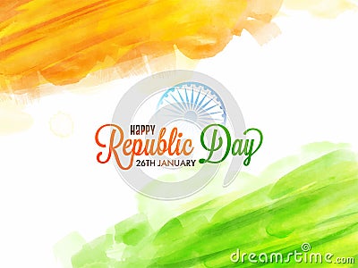 Happy Republic Day, 26th January Text with Ashoka Wheel, Saffron and Green Brush Stroke Effect. Stock Photo