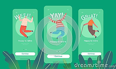 Happy Retire Mobile App Page Onboard Screen Template. Senior People Jumping with Raised Hands. Elderly Men and Women Vector Illustration
