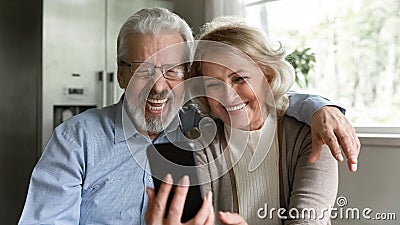 Happy retired family couple using mobile phone for video call Stock Photo