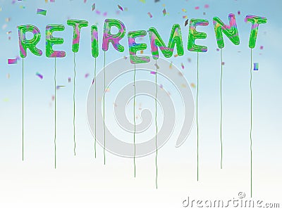 Happy retirement balloons with confetti and blue sky background Stock Photo