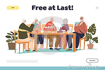 Happy retirement concept of landing page with group of senior people playing cards Vector Illustration