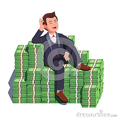 Business man sitting on big heap of stacked money Vector Illustration