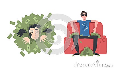 Happy Rich Man and Woman Among Pile of Dollar Banknote and Sitting in Armchair with Cash Scattered Around Vector Set Vector Illustration