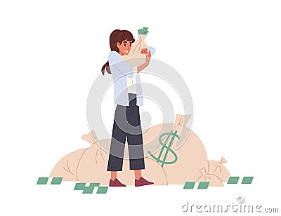 Happy rich person holding bag stuffed with money. Young woman with her savings in moneybag. Wealth and prosperity Vector Illustration