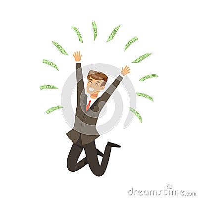 Happy rich successful businessman character having fun, money flying around himvector Illustration Vector Illustration