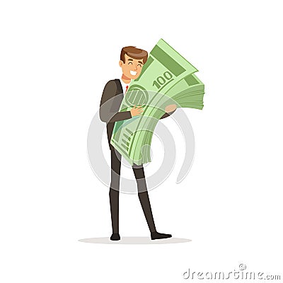 Happy rich successful businessman character holding giant money stack vector Illustration Vector Illustration