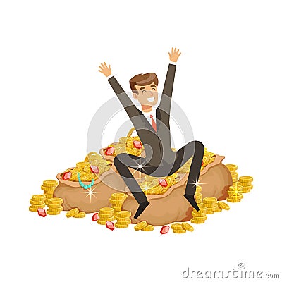 Happy rich successful businessman character sitting on a pile of money and precious stones vector Illustration Vector Illustration