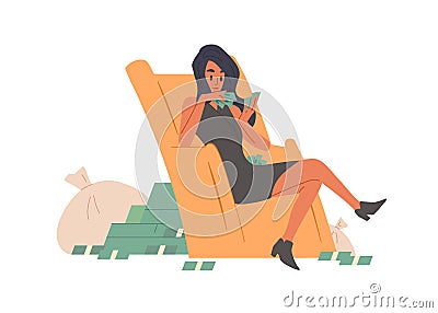 Happy rich and wealthy woman counting cash. Young lady with money stacks and bags. Wealth, abundance, richness, and Vector Illustration