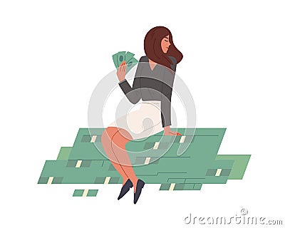 Happy rich woman sitting on stack of money with cash in hands. Young millionaire on dollar heap. Wealth, abundance and Vector Illustration