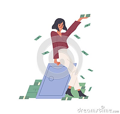 Happy rich woman throwing money, making cash rain. Millionaire near metal safe box with savings. Financial success Vector Illustration