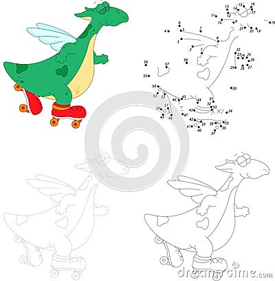 A happy roller skating green dragon. Dot to dot game for kids Vector Illustration