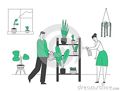 Happy Romantic Couple Care of Home Plants and Flowers in Pots Enjoying Gardening Hobby Vector Illustration