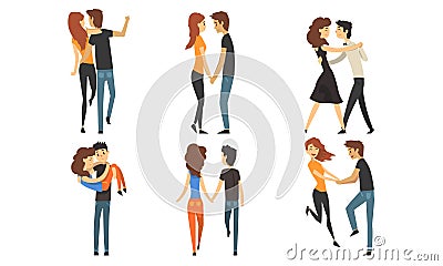 Happy Romantic Loving Couple Collection, Young Men and Women Characters Hugging, Walking and Dancing Vector Illustration Vector Illustration