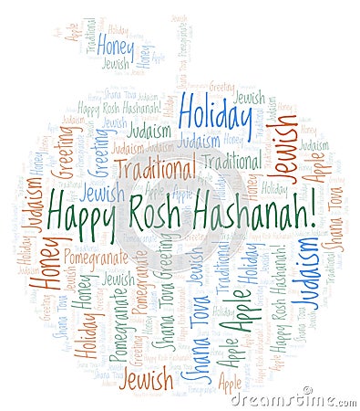 Happy Rosh Hashanah in apple shape word cloud. Stock Photo