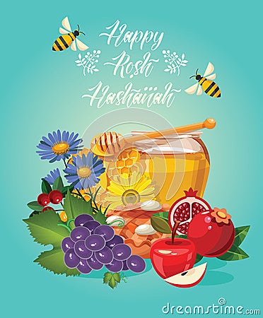 Happy Rosh Hashanah vector greeting card. New year poster in modern style. Shana tova Vector Illustration