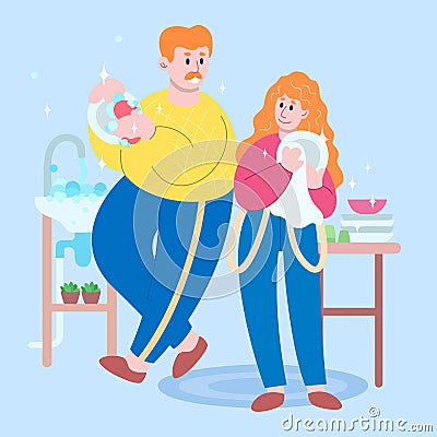 Happy routine of single father and daughter teenager. Together housework. Wash dishes. One parent family concept Vector Illustration