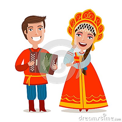 Happy russian people in traditional national costumes. Russia, Moscow concept. Cartoon vector illustration Vector Illustration