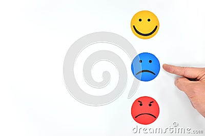 Happy, sad and angry face icons in white background. Customer feedback and satisfaction Stock Photo