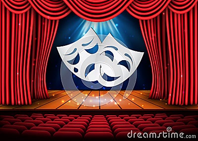 Happy and sad theater masks, Theatrical scene with red curtains. Stock vector illustration Vector Illustration