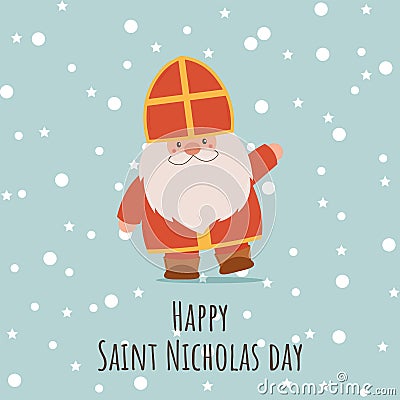 Happy Saint Nicholas Day. Sinterklaas Eve. Greeting Card with cute character gnome. Winter holiday day. Vector flat Vector Illustration