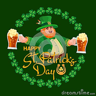 Happy Saint Patrick Day. Leprechaun, beer, and shamrock. Vector illustration. Vector Illustration