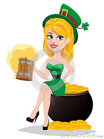 Cute lady in leprechaun costume sitting on pot with gold and holding a pint of beer Vector Illustration