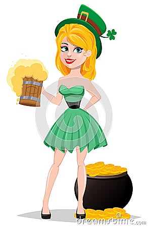 Cute lady in leprechaun costume standing near pot with gold and Vector Illustration