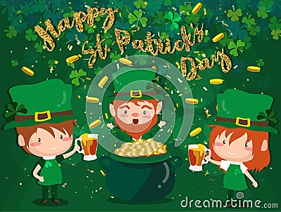 Happy Saint Patrick`s day Festival. Irish celebration .Green clover shamrock leaves on isolate background for poster, greeting car Vector Illustration