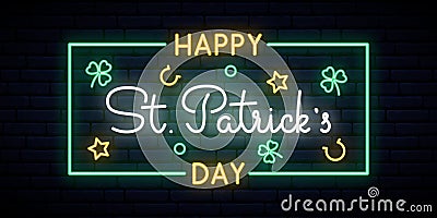 Happy Saint Patrick`s Day neon sign. Vector Illustration
