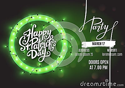 Happy Saint Patrick`s Day party flyer template retro neon heart with led lights, vector illustration Vector Illustration