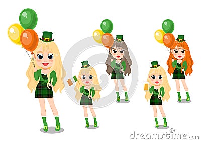 Happy Saint Patrick`s Day with Pretty leprechaun girl with beer glass, Irish flag and Irish Balloon. Vector Illustration