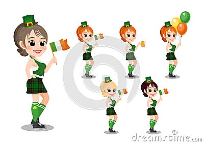 Happy Saint Patrick`s Day with Pretty leprechaun girl with beer glass, Irish flag and Irish Balloon. Vector Illustration