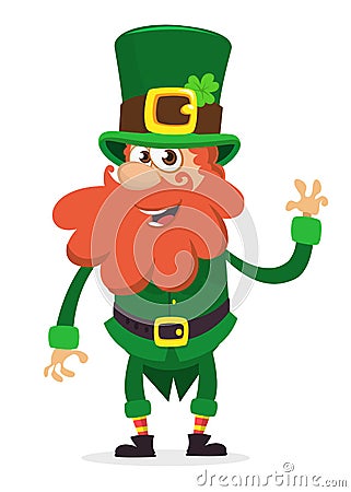 Happy Saint Patrick`s Day. Smiling cartoon character leprechaun with green hat waving hand. Vector illustration. Vector Illustration