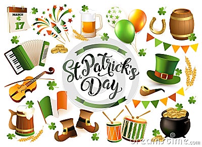 Happy Saint Patrick`s Day traditional collection. Irish music, flags, beer mugs, clover, pub decoration, leprechaun green hat, po Vector Illustration