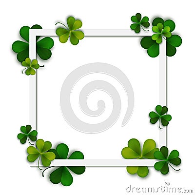 Happy Saint Patrick's vector background, green shamrock leaves and square frame Vector Illustration