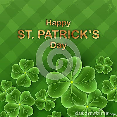 San Patrick`s Day card with Clover leaf. Shamrock grass wallpaper. Horizontal holidays poster. Lucky Irish flower Vector Illustration