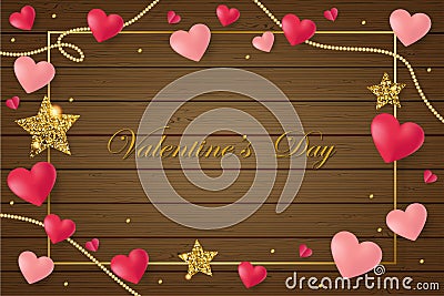 Happy Saint Valentine`s day card with pink hearts on brown wood background Vector Illustration