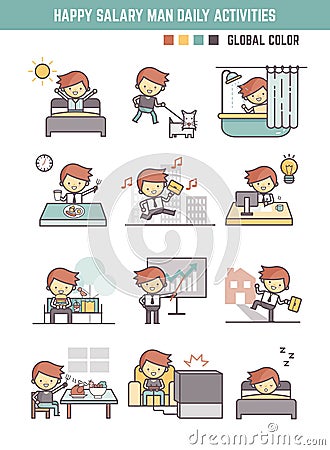 Happy salary man daily life working day routine vector Vector Illustration