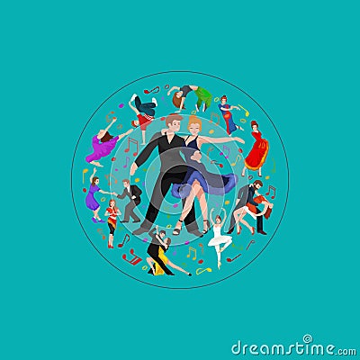 Happy Salsa dancers couple isolated on white icon pictogram, man and woman in dress dancing salsa with passion Vector Illustration