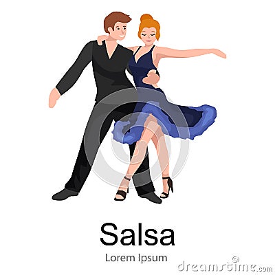 Happy Salsa dancers couple on white icon pictogram, man and woman in dress dancing with passion Vector Illustration
