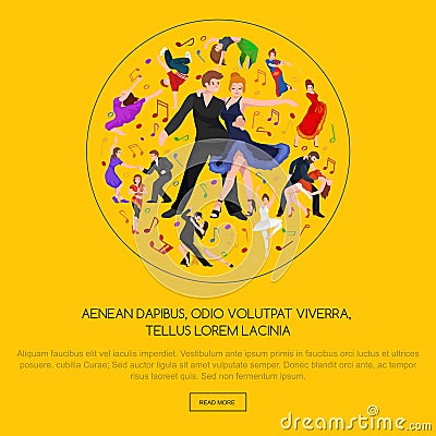 Happy Salsa dancers couple on white icon pictogram, man and woman in dress dancing salsa with passion Vector Illustration