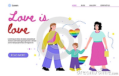 Happy same-sex lesbian parents with little son boy a vector illustration Vector Illustration