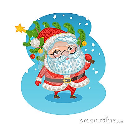 Happy Santa Claus carries Christmas tree. Xmas vector illustration Vector Illustration
